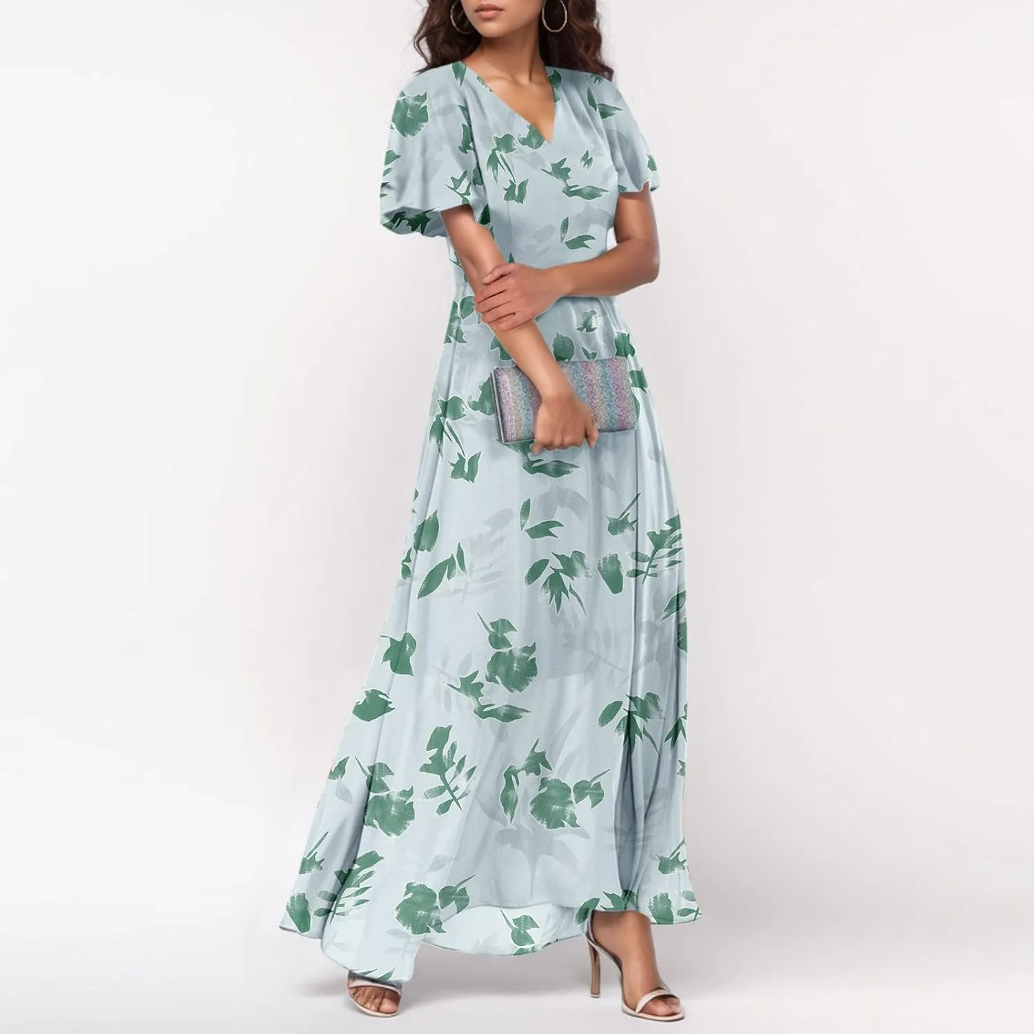 Maxi Dresses for Women 2025 Plus Size Chiffon Ruffle Flowy Swing Short Sleeve Floral Dress A Line Frocks