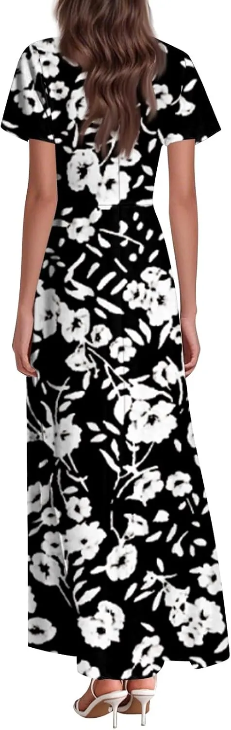 Maxi Dresses for Women 2025 Plus Size Chiffon Ruffle Flowy Swing Short Sleeve Floral Dress A Line Frocks