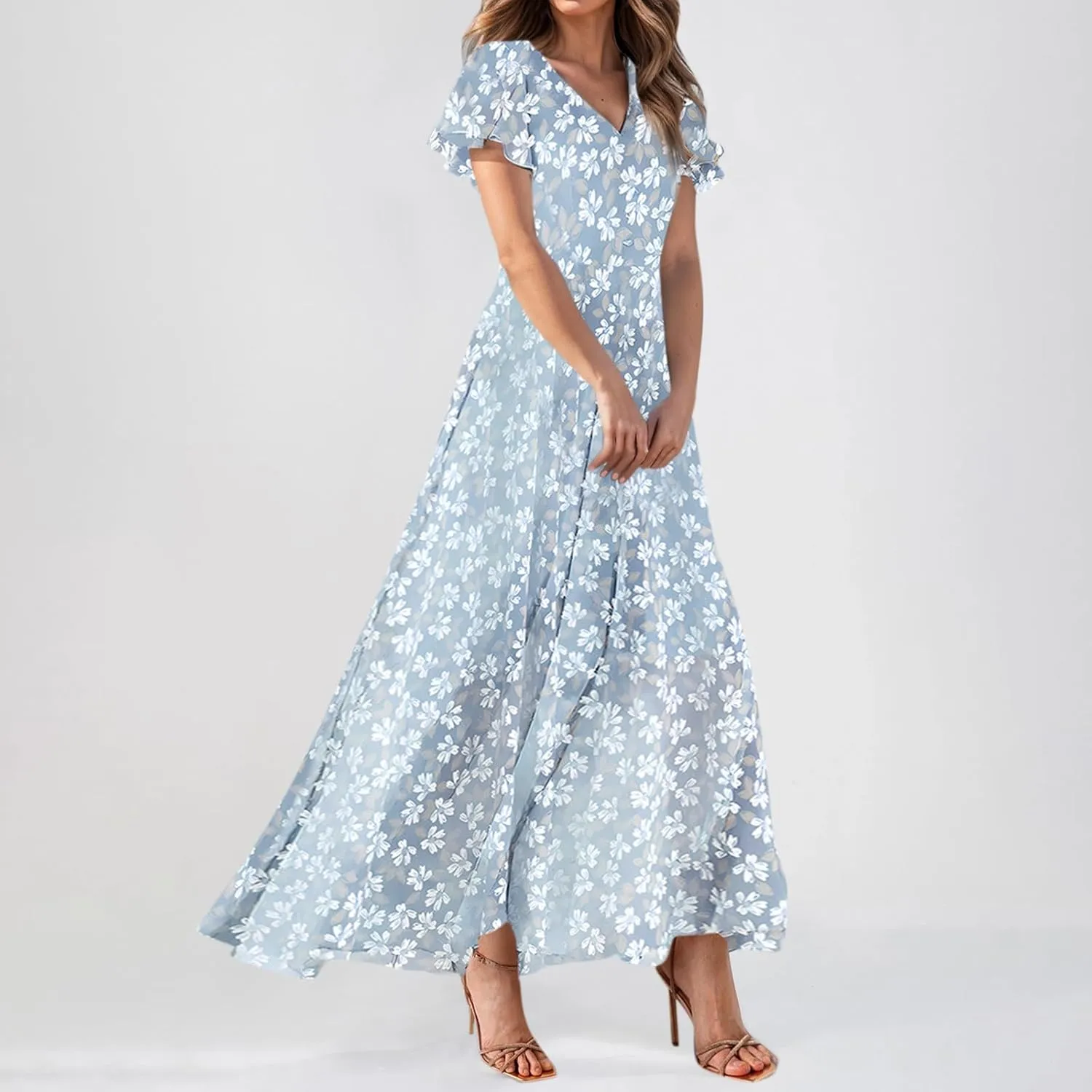 Maxi Dresses for Women 2025 Plus Size Chiffon Ruffle Flowy Swing Short Sleeve Floral Dress A Line Frocks