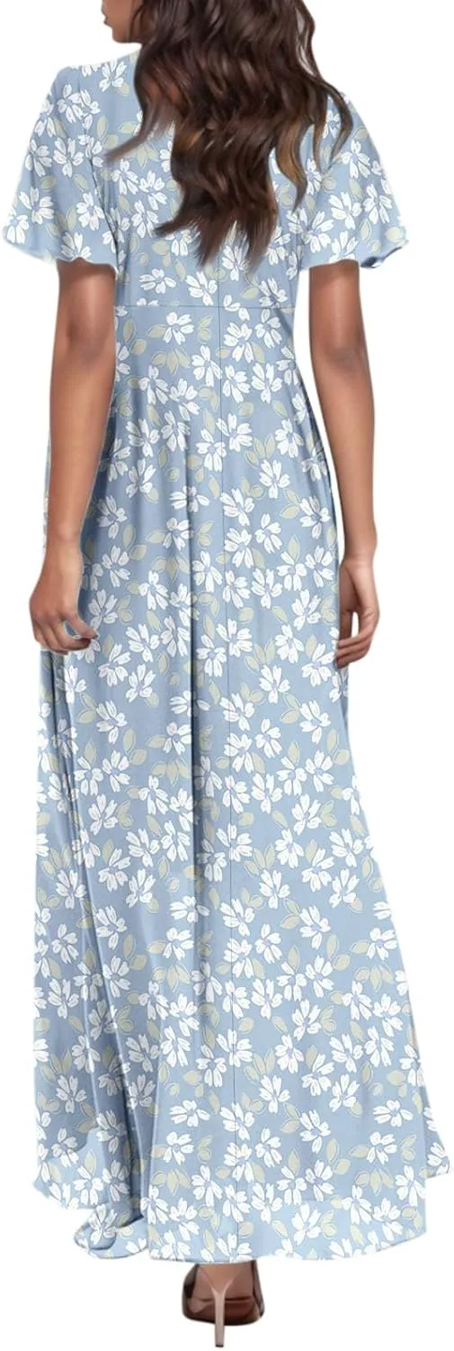 Maxi Dresses for Women 2025 Plus Size Chiffon Ruffle Flowy Swing Short Sleeve Floral Dress A Line Frocks