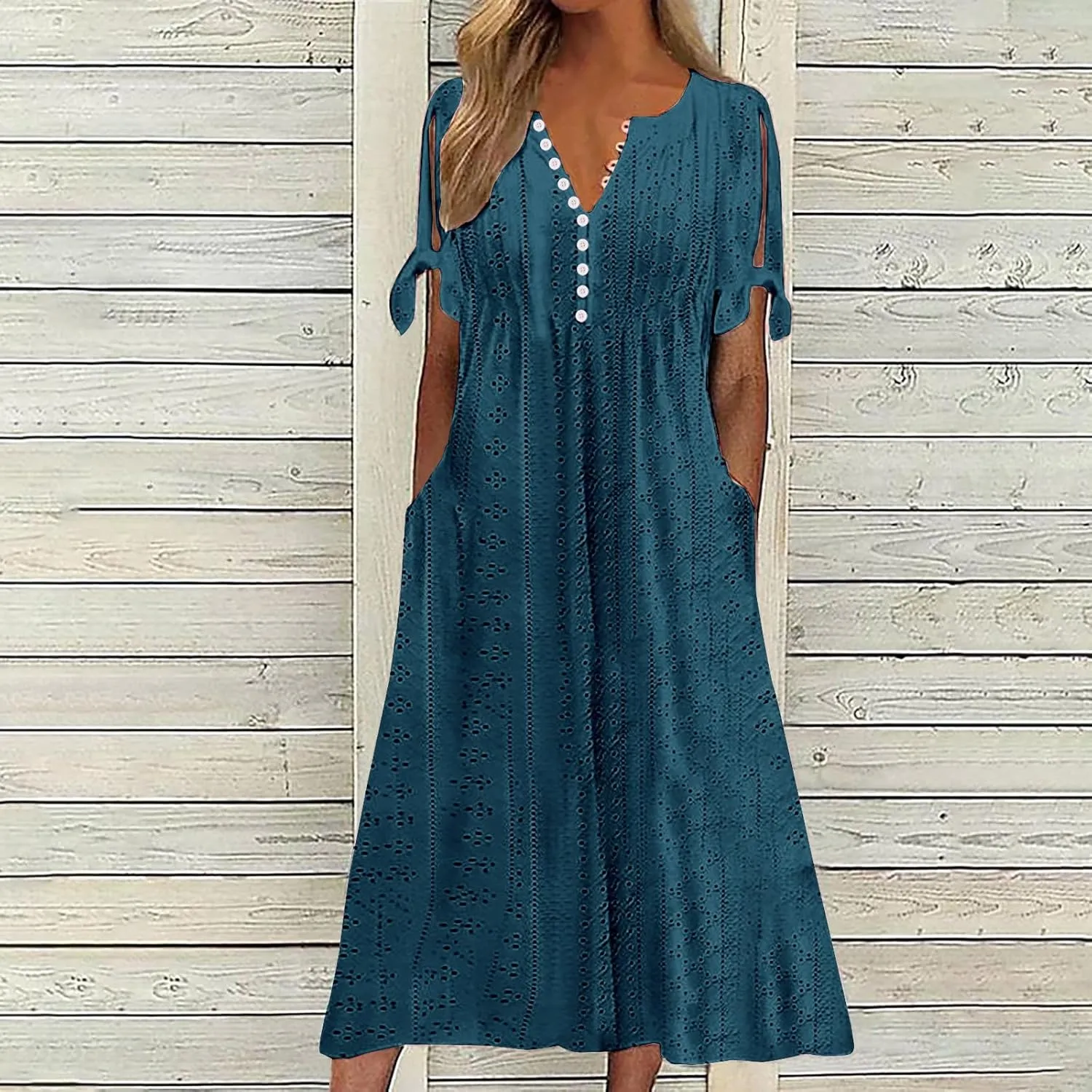 Maxi Dresses for Womens Wedding Guest Dress Trendy Plus Size Hollow Out Eyelet Lace Summer V Neck Cold Shoulder Dress