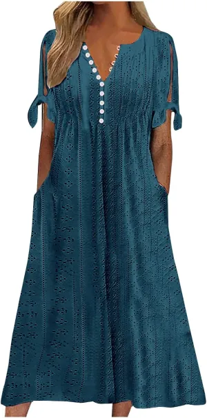 Maxi Dresses for Womens Wedding Guest Dress Trendy Plus Size Hollow Out Eyelet Lace Summer V Neck Cold Shoulder Dress