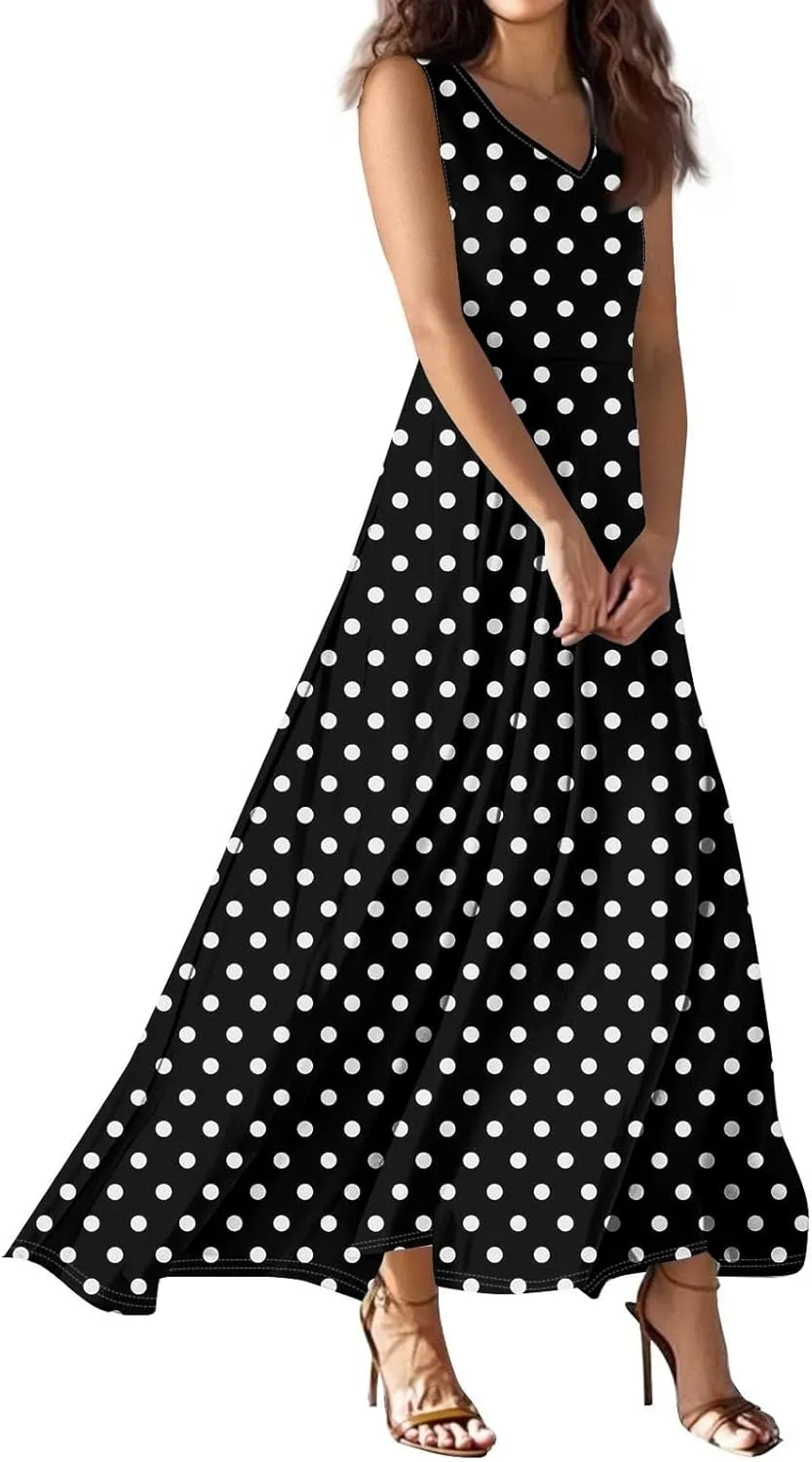 Maxi Floral Dresses for Women 2025 Vacation Sleeveless V Neck Sundress Ruffle Flowy Swing A Line Dresses Frocks