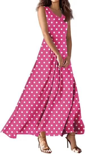 Maxi Floral Dresses for Women 2025 Vacation Sleeveless V Neck Sundress Ruffle Flowy Swing A Line Dresses Frocks