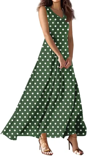 Maxi Floral Dresses for Women 2025 Vacation Sleeveless V Neck Sundress Ruffle Flowy Swing A Line Dresses Frocks