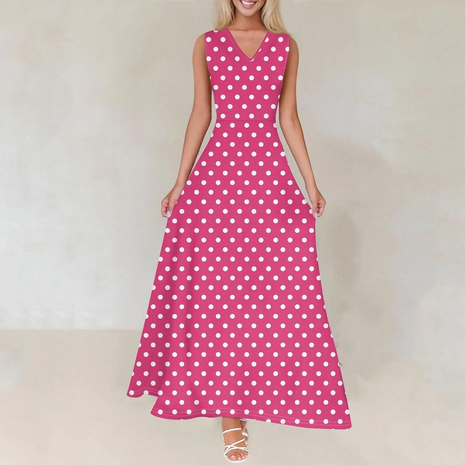 Maxi Floral Dresses for Women 2025 Vacation Sleeveless V Neck Sundress Ruffle Flowy Swing A Line Dresses Frocks