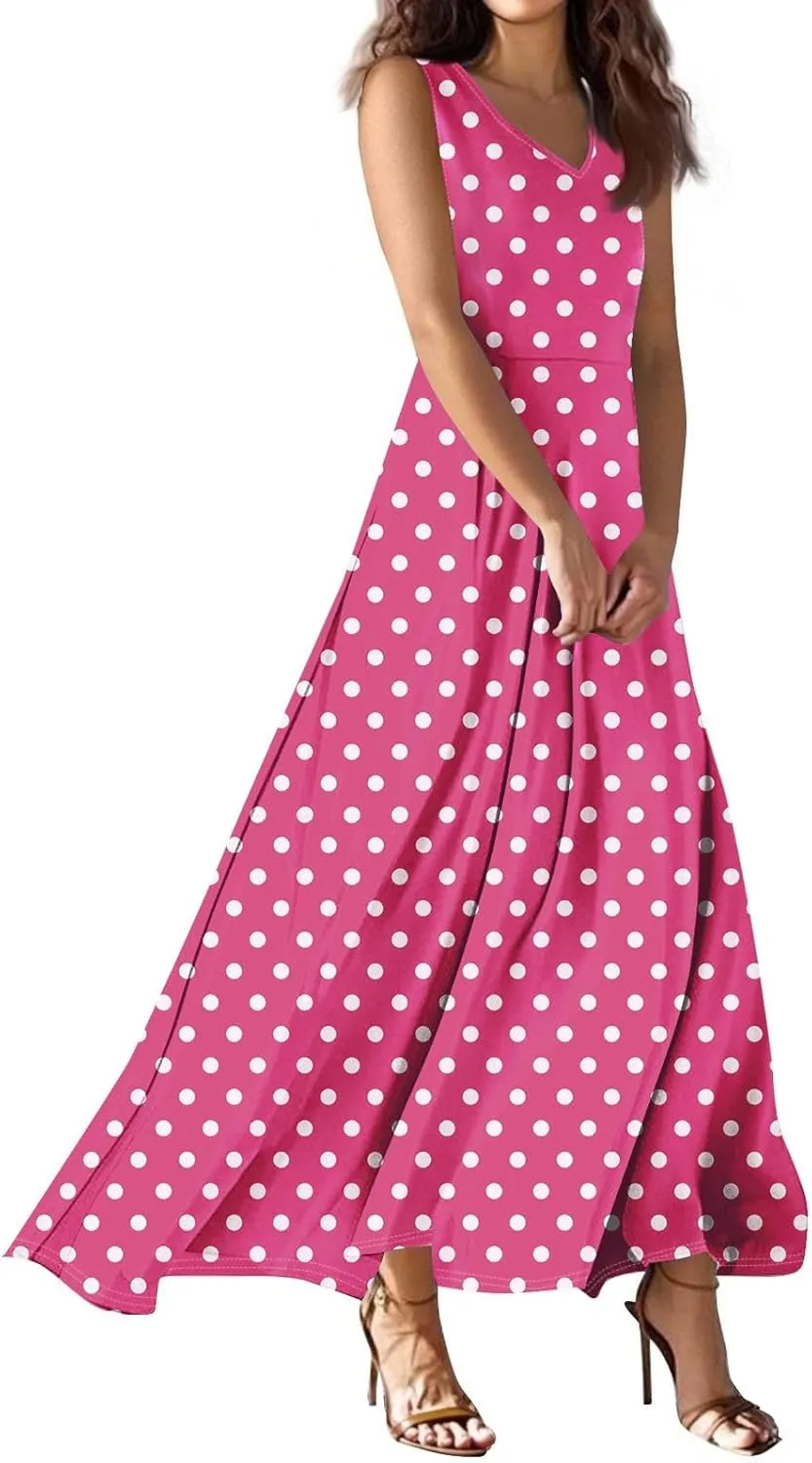 Maxi Floral Dresses for Women 2025 Vacation Sleeveless V Neck Sundress Ruffle Flowy Swing A Line Dresses Frocks