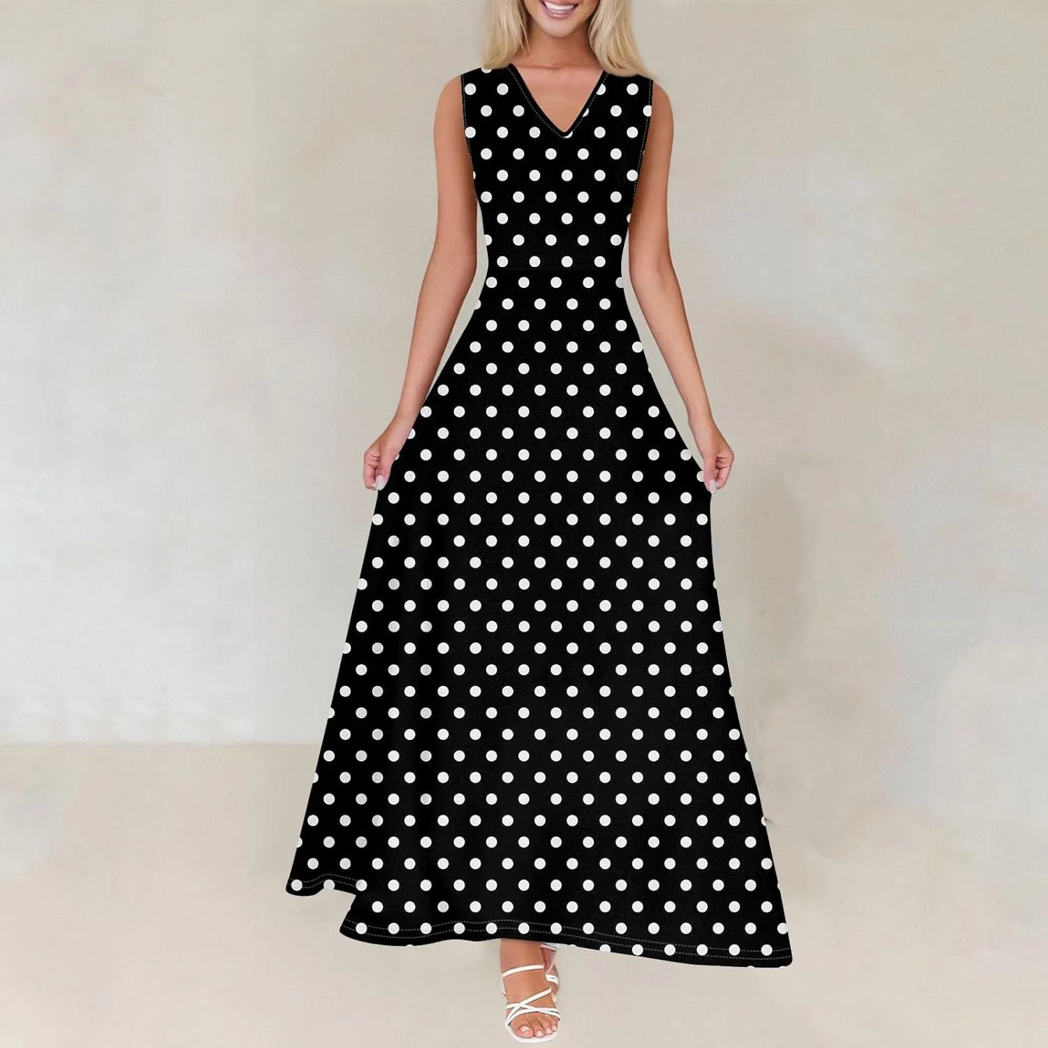 Maxi Floral Dresses for Women 2025 Vacation Sleeveless V Neck Sundress Ruffle Flowy Swing A Line Dresses Frocks