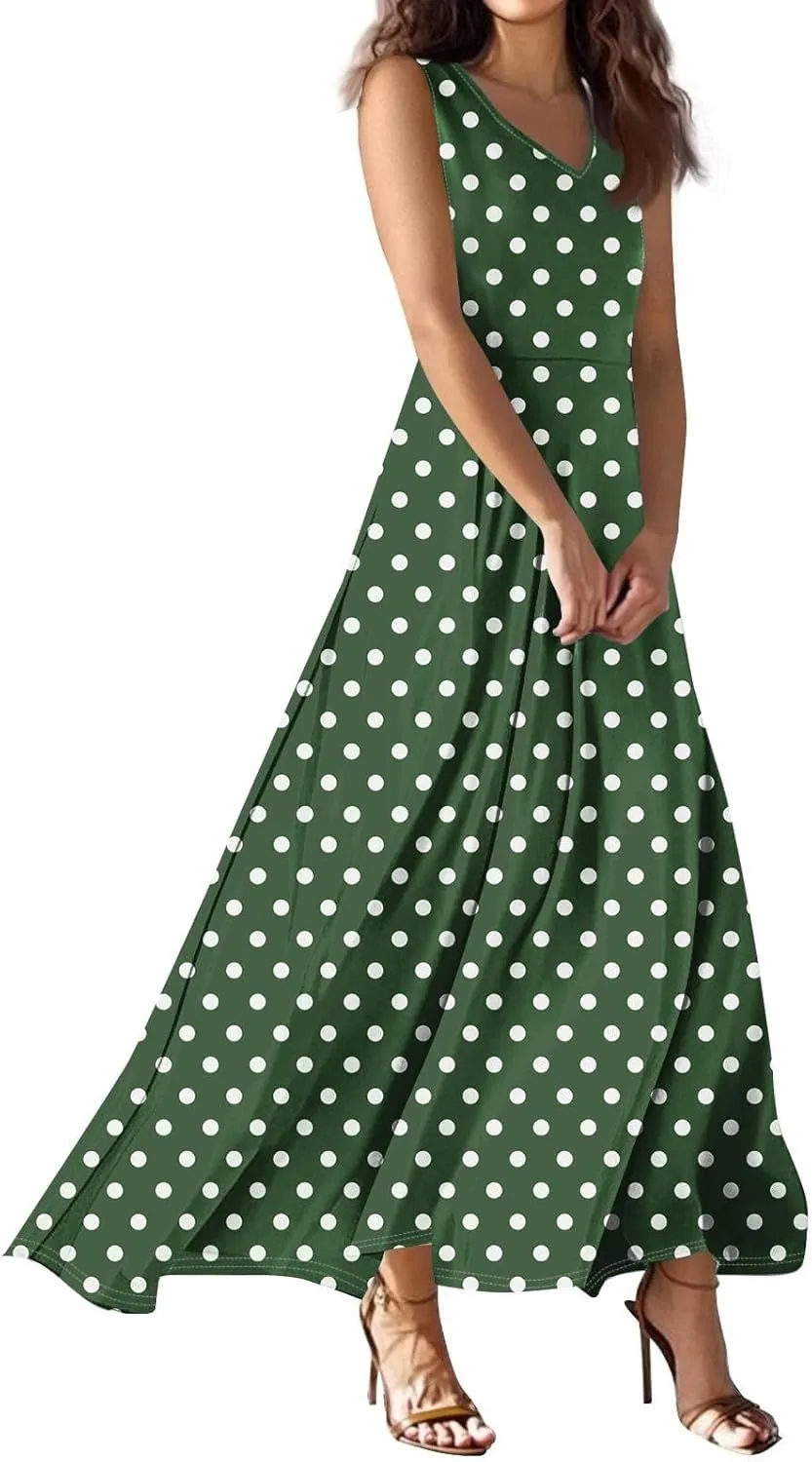 Maxi Floral Dresses for Women 2025 Vacation Sleeveless V Neck Sundress Ruffle Flowy Swing A Line Dresses Frocks