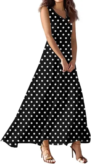 Maxi Floral Dresses for Women 2025 Vacation Sleeveless V Neck Sundress Ruffle Flowy Swing A Line Dresses Frocks