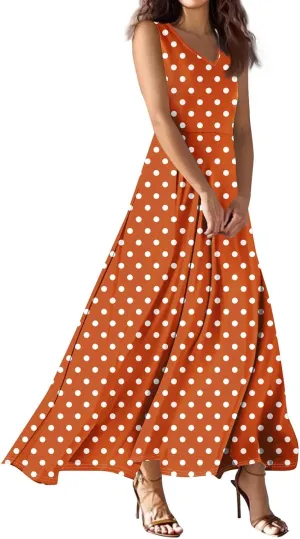 Maxi Floral Dresses for Women 2025 Vacation Sleeveless V Neck Sundress Ruffle Flowy Swing A Line Dresses Frocks