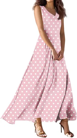 Maxi Floral Dresses for Women 2025 Vacation Sleeveless V Neck Sundress Ruffle Flowy Swing A Line Dresses Frocks