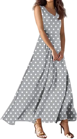 Maxi Floral Dresses for Women 2025 Vacation Sleeveless V Neck Sundress Ruffle Flowy Swing A Line Dresses Frocks