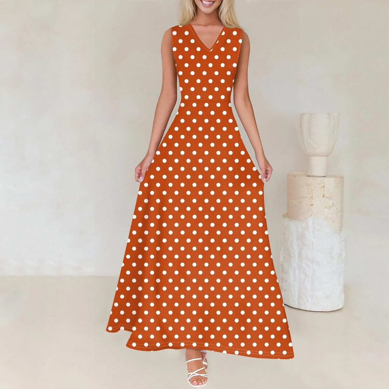 Maxi Floral Dresses for Women 2025 Vacation Sleeveless V Neck Sundress Ruffle Flowy Swing A Line Dresses Frocks