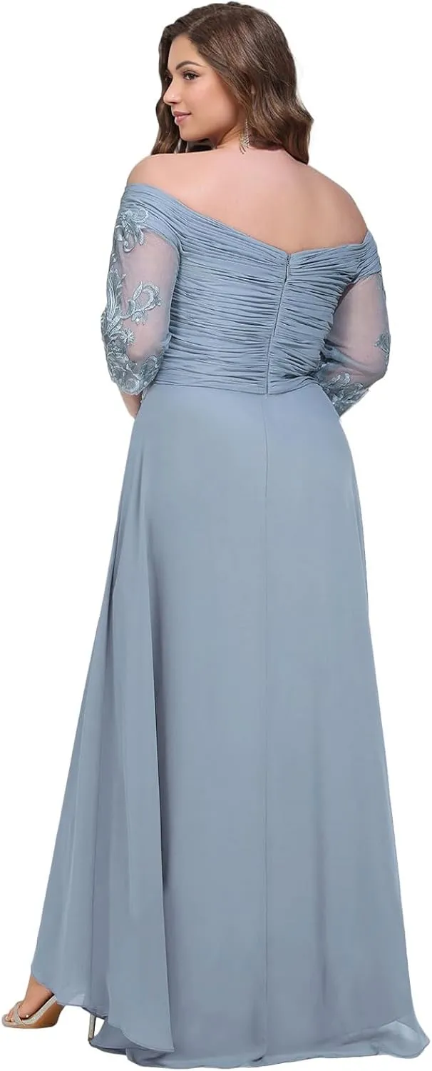 Mother of The Bride Dresses Plus Size Tea Length Formal Evening Gowns for Wedding 3/4 Sleeve Chiffon Evening Dress