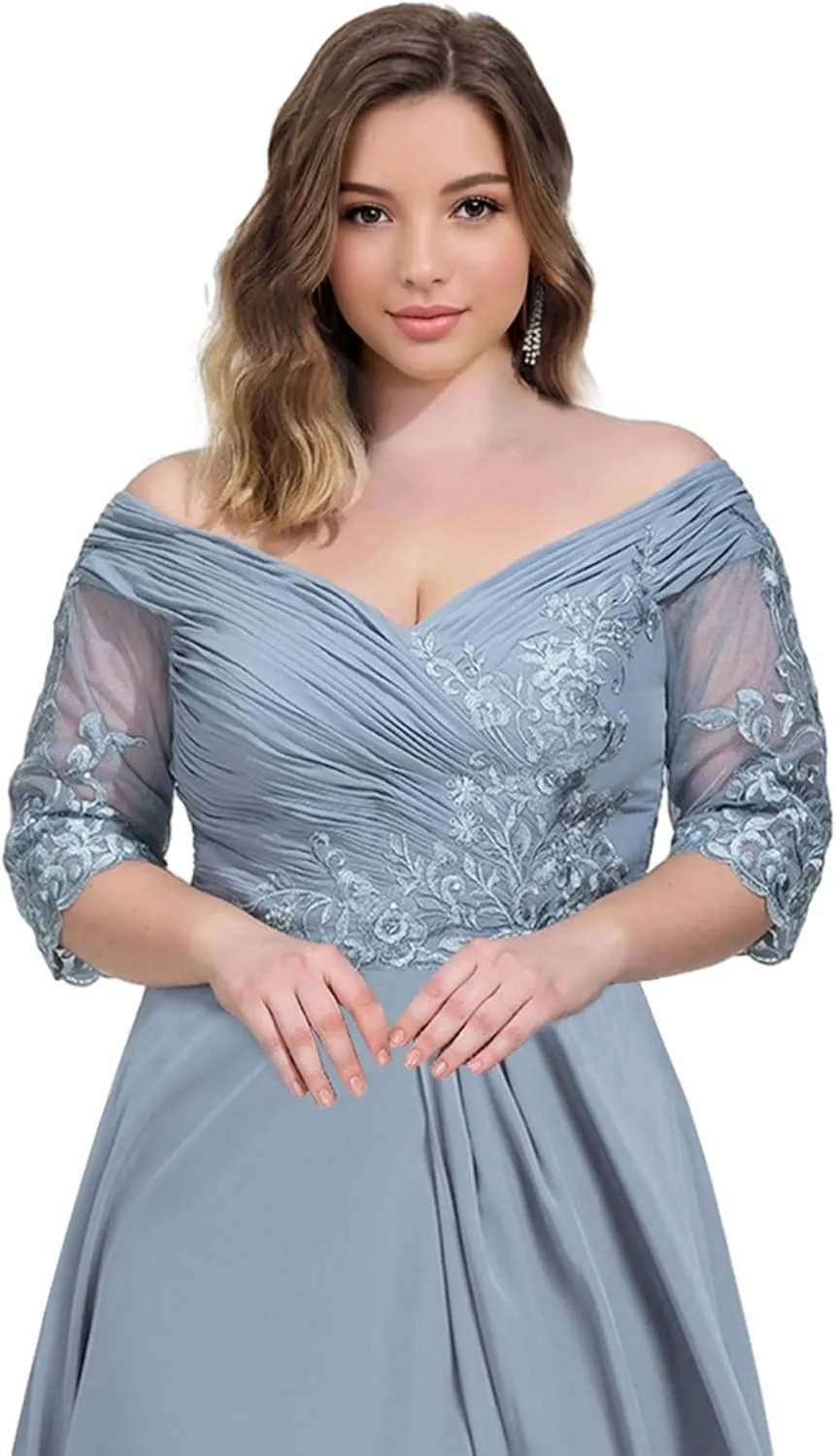 Mother of The Bride Dresses Plus Size Tea Length Formal Evening Gowns for Wedding 3/4 Sleeve Chiffon Evening Dress