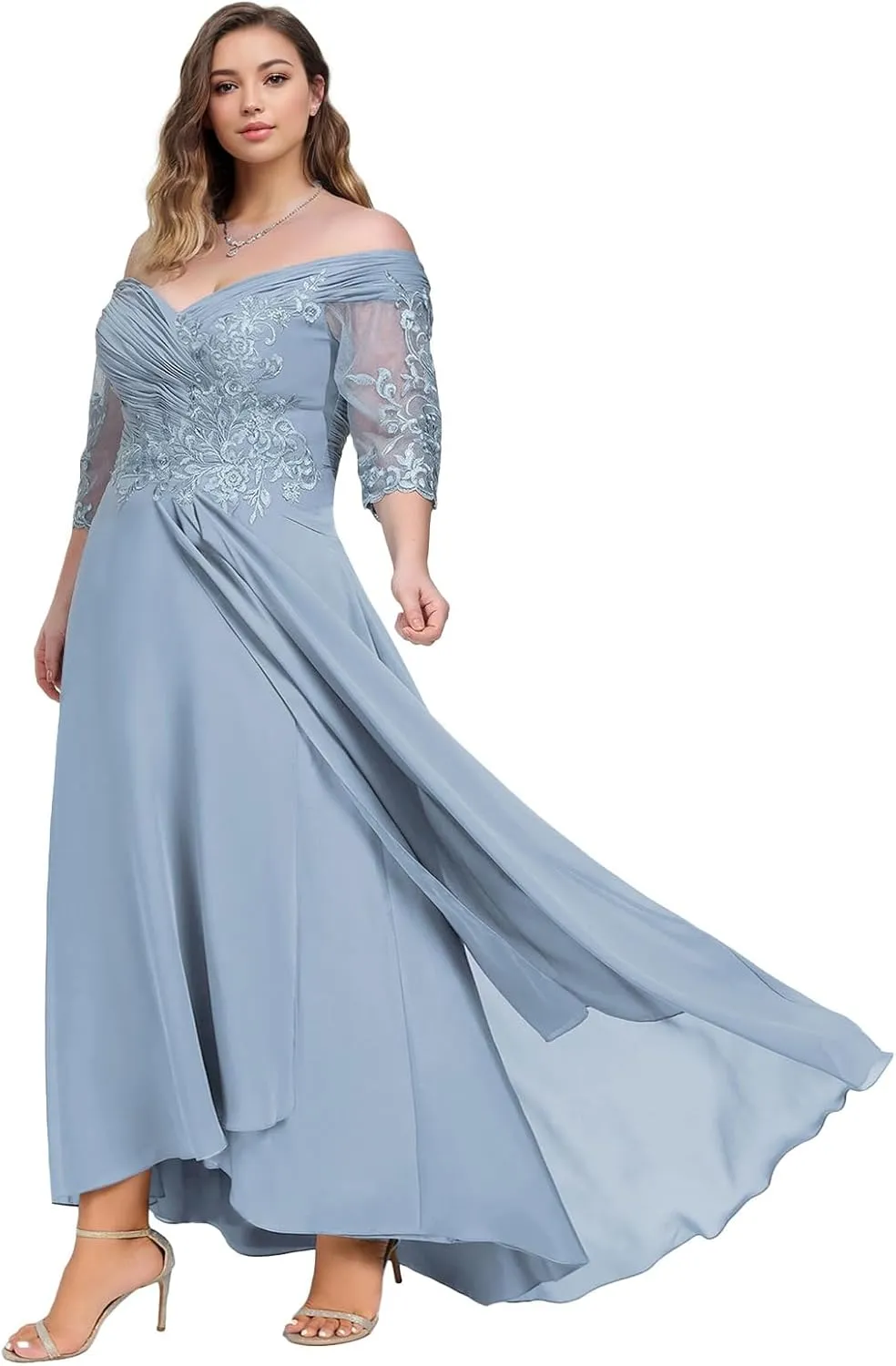 Mother of The Bride Dresses Plus Size Tea Length Formal Evening Gowns for Wedding 3/4 Sleeve Chiffon Evening Dress