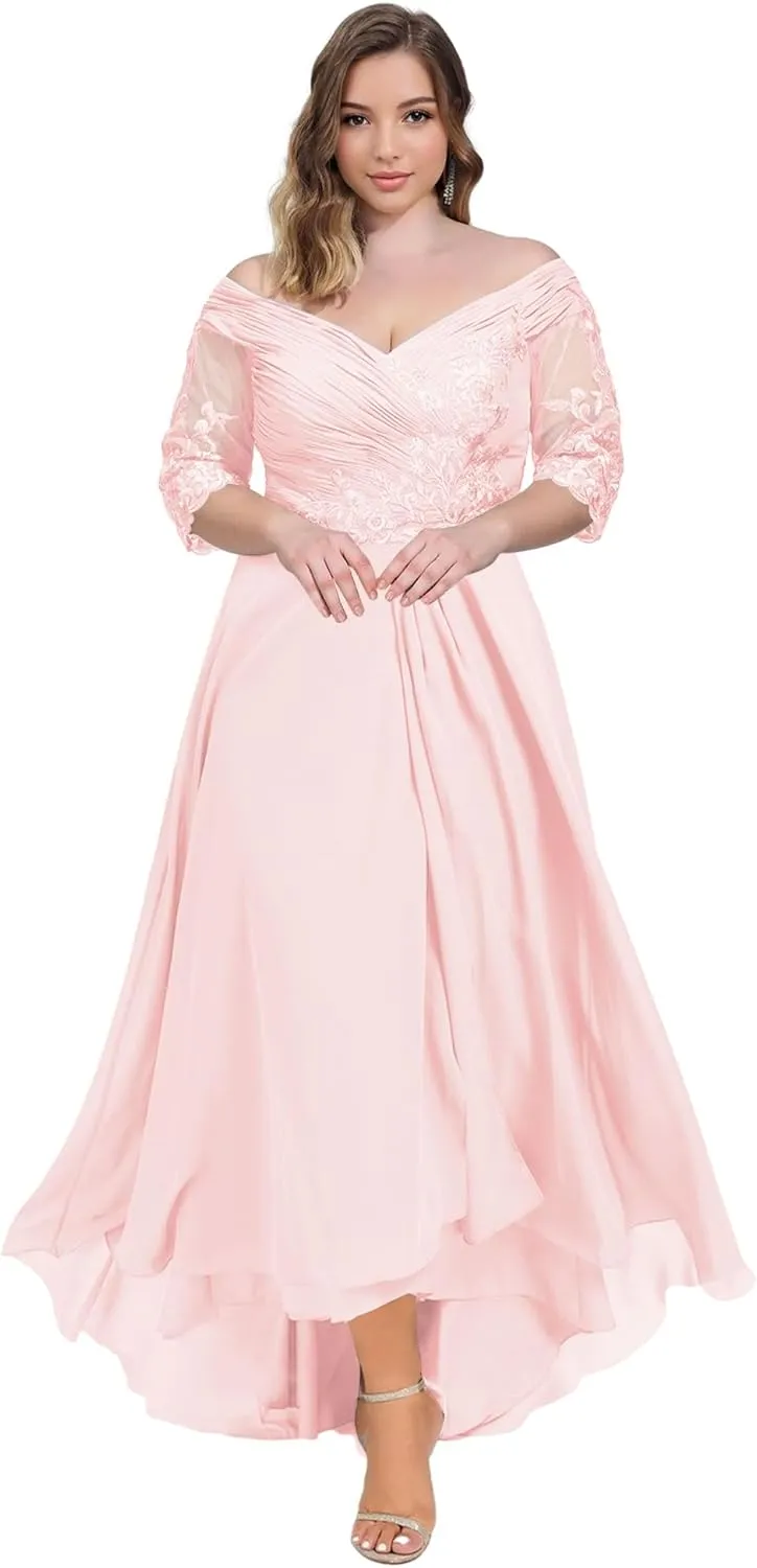 Mother of The Bride Dresses Plus Size Tea Length Formal Evening Gowns for Wedding 3/4 Sleeve Chiffon Evening Dress