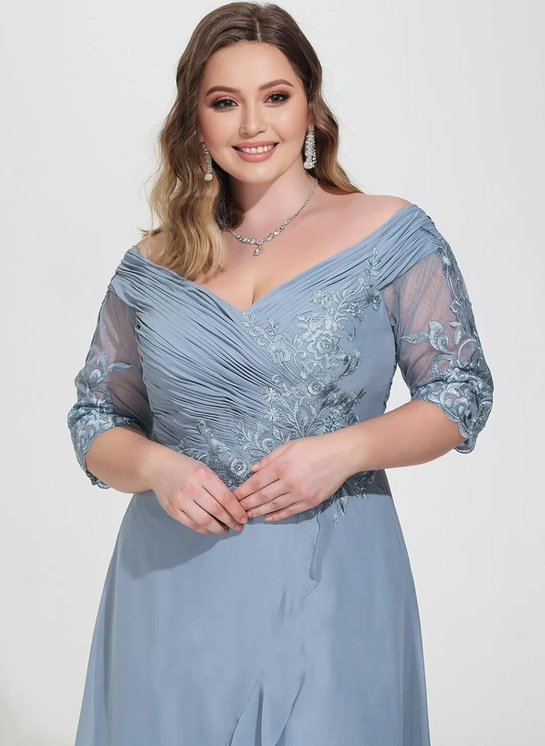 Mother of The Bride Dresses Plus Size Tea Length Formal Evening Gowns for Wedding 3/4 Sleeve Chiffon Evening Dress