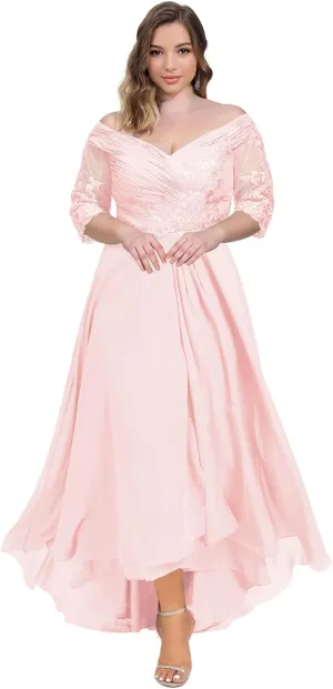 Mother of The Bride Dresses Plus Size Tea Length Formal Evening Gowns for Wedding 3/4 Sleeve Chiffon Evening Dress