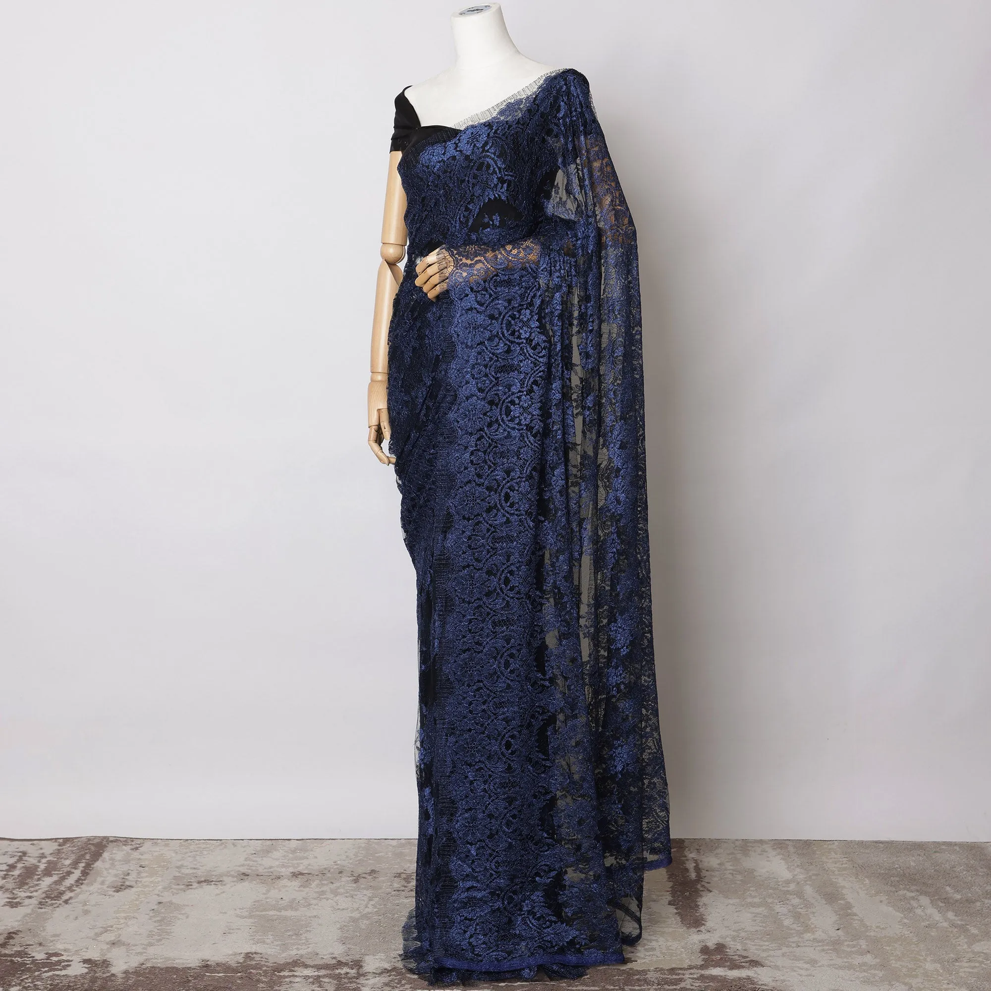 Navy Blue Metallic French Chantilly Lace Fabric – 5.5 Meters, Floral Design, 110 cm Width-D21084