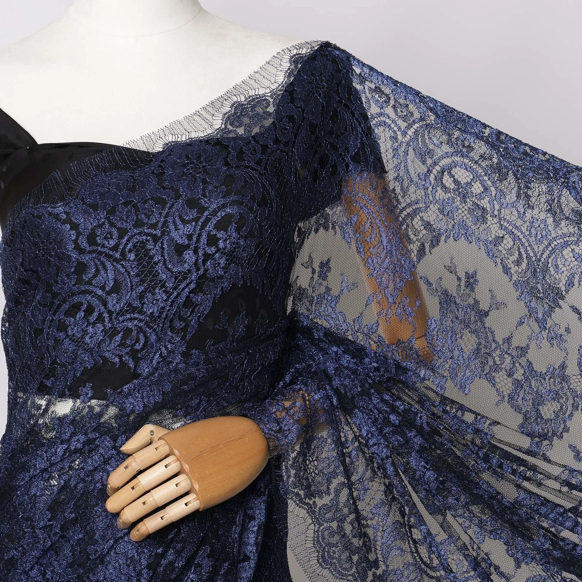 Navy Blue Metallic French Chantilly Lace Fabric – 5.5 Meters, Floral Design, 110 cm Width-D21084