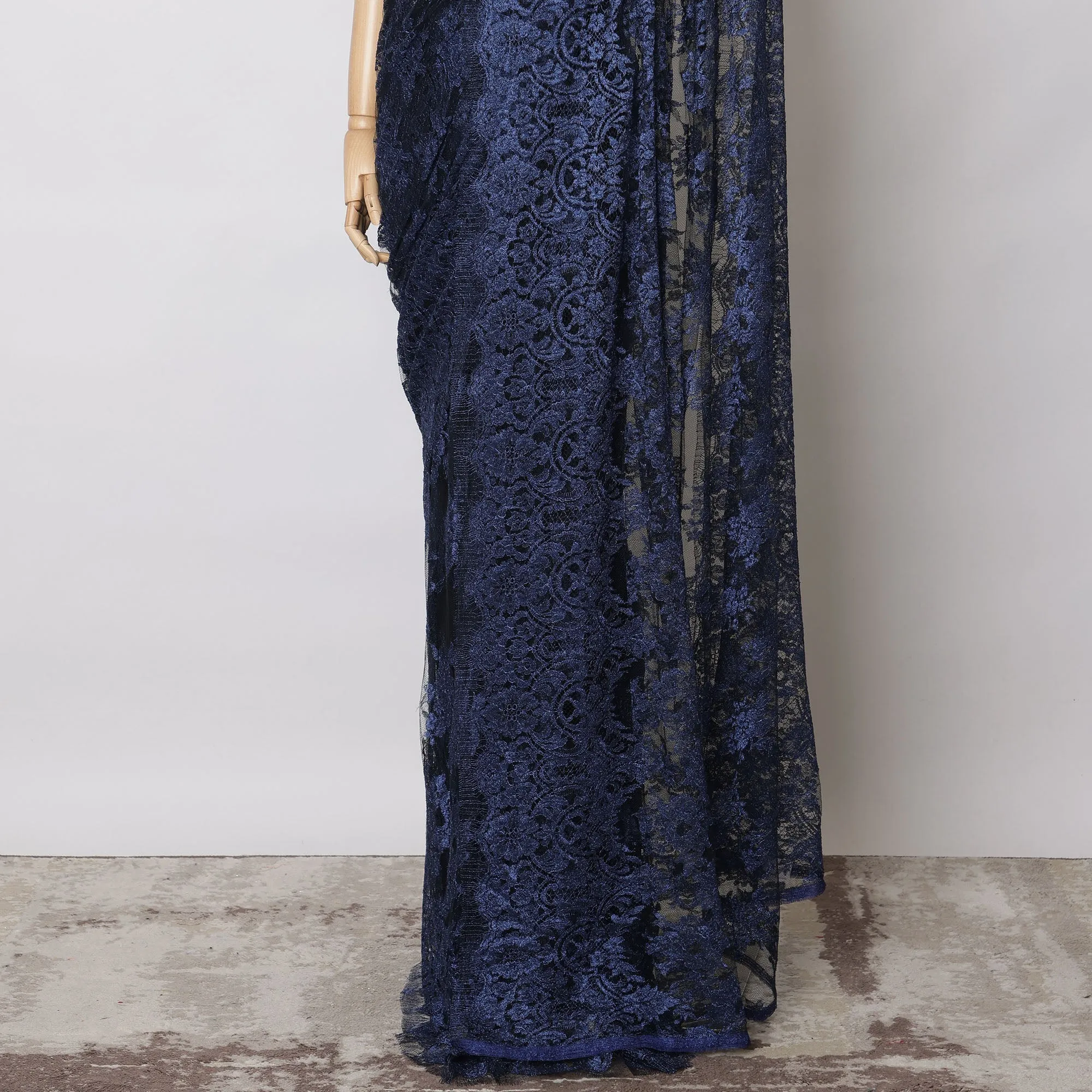 Navy Blue Metallic French Chantilly Lace Fabric – 5.5 Meters, Floral Design, 110 cm Width-D21084