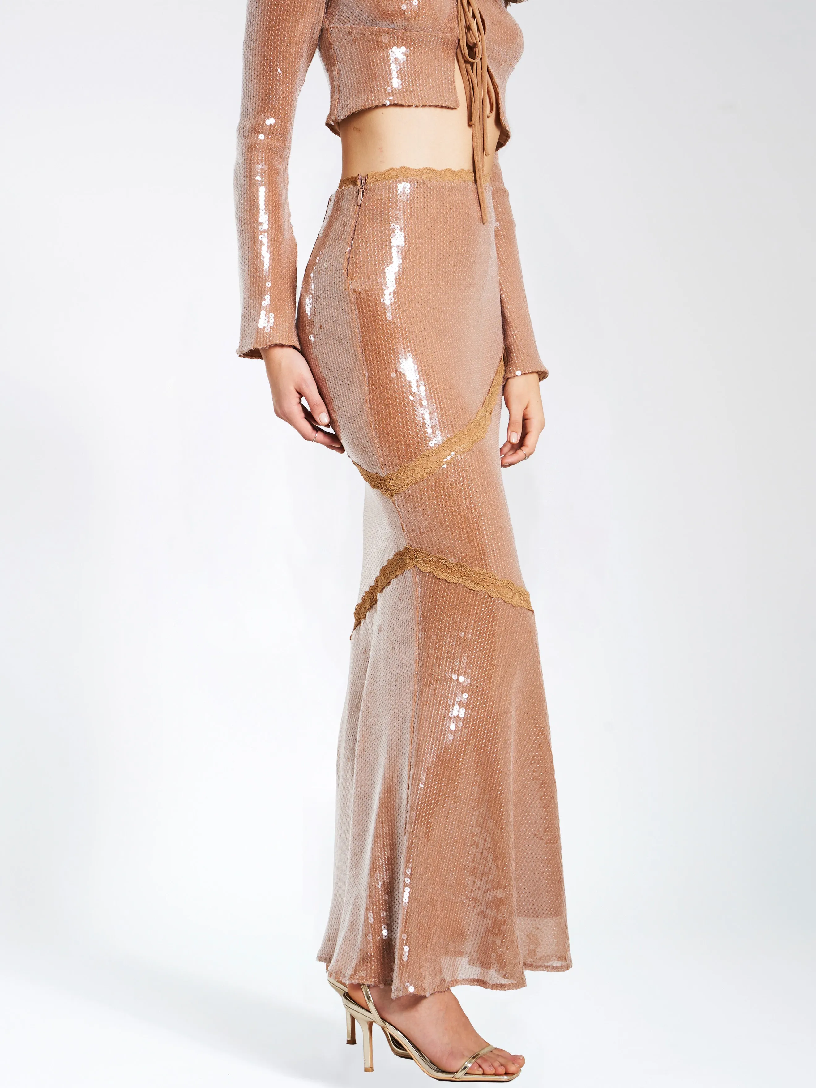 Odalis Nude Sequin Maxi Graceful Skirt With Lace Trim