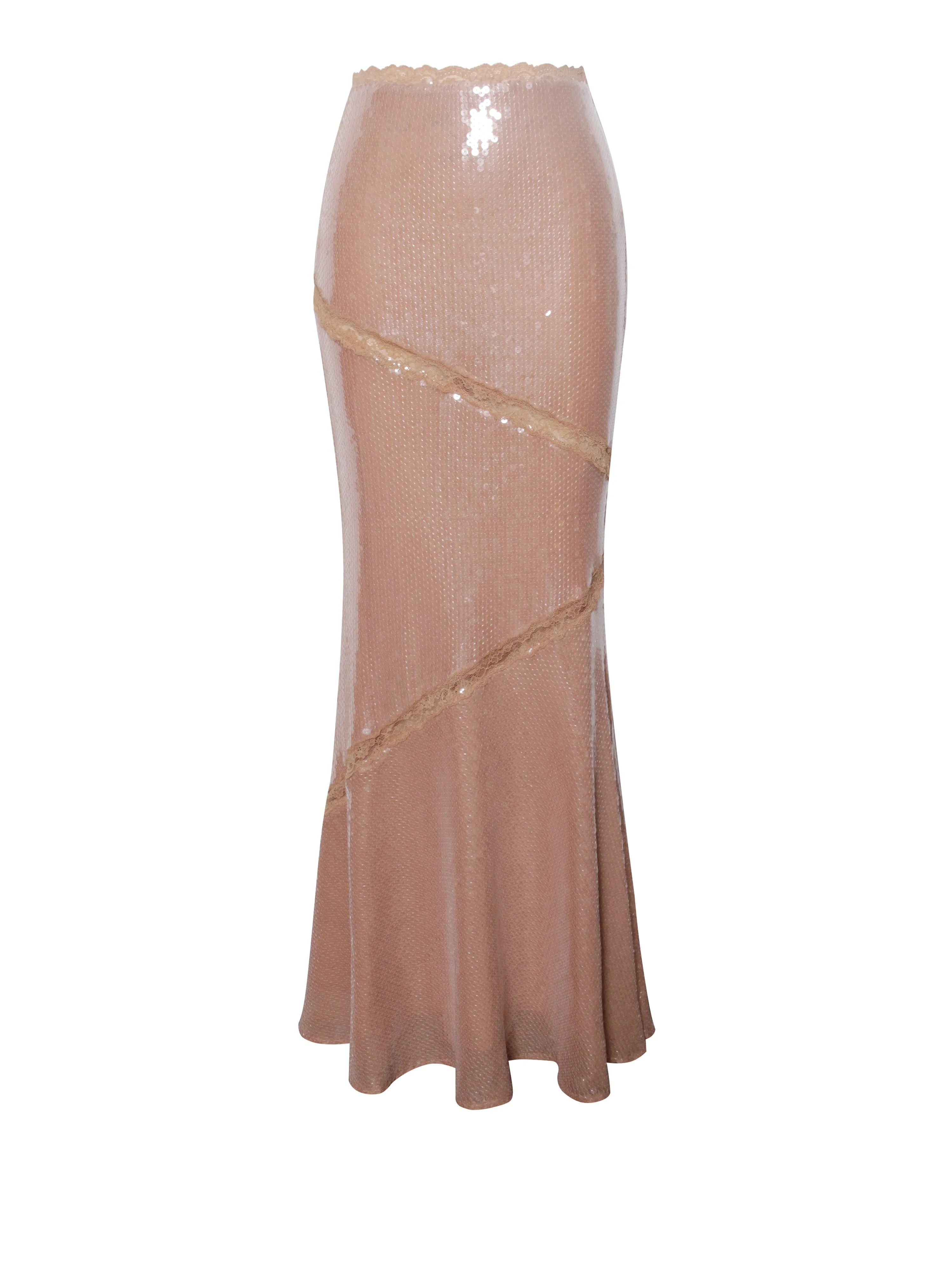 Odalis Nude Sequin Maxi Graceful Skirt With Lace Trim
