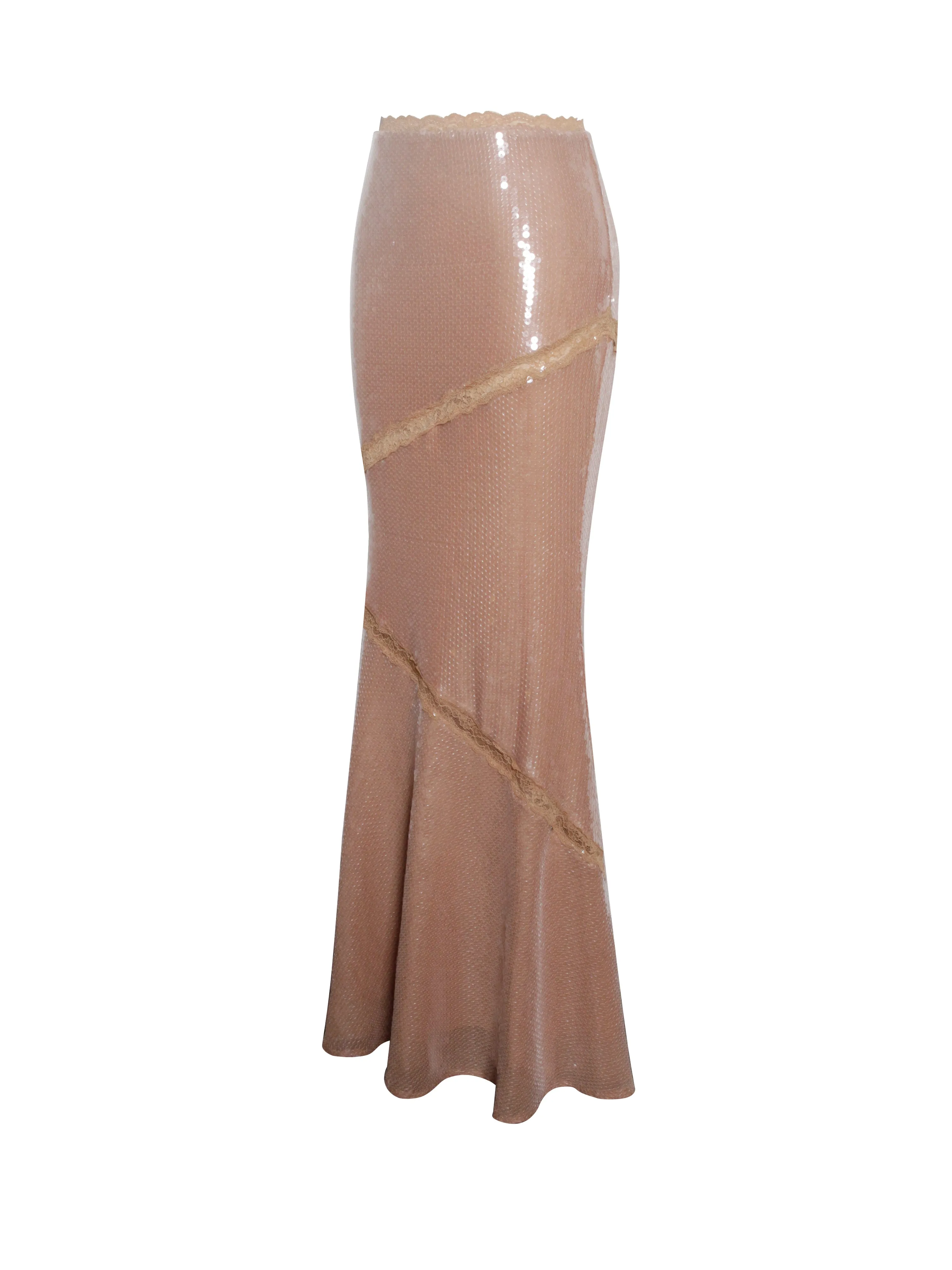 Odalis Nude Sequin Maxi Graceful Skirt With Lace Trim
