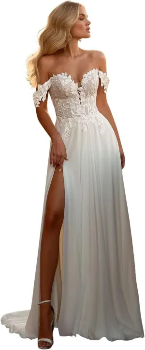 Off Shoulder Chiffon Wedding Dresses for Bride Laces Boho Beach Bridal Gowns with Slit