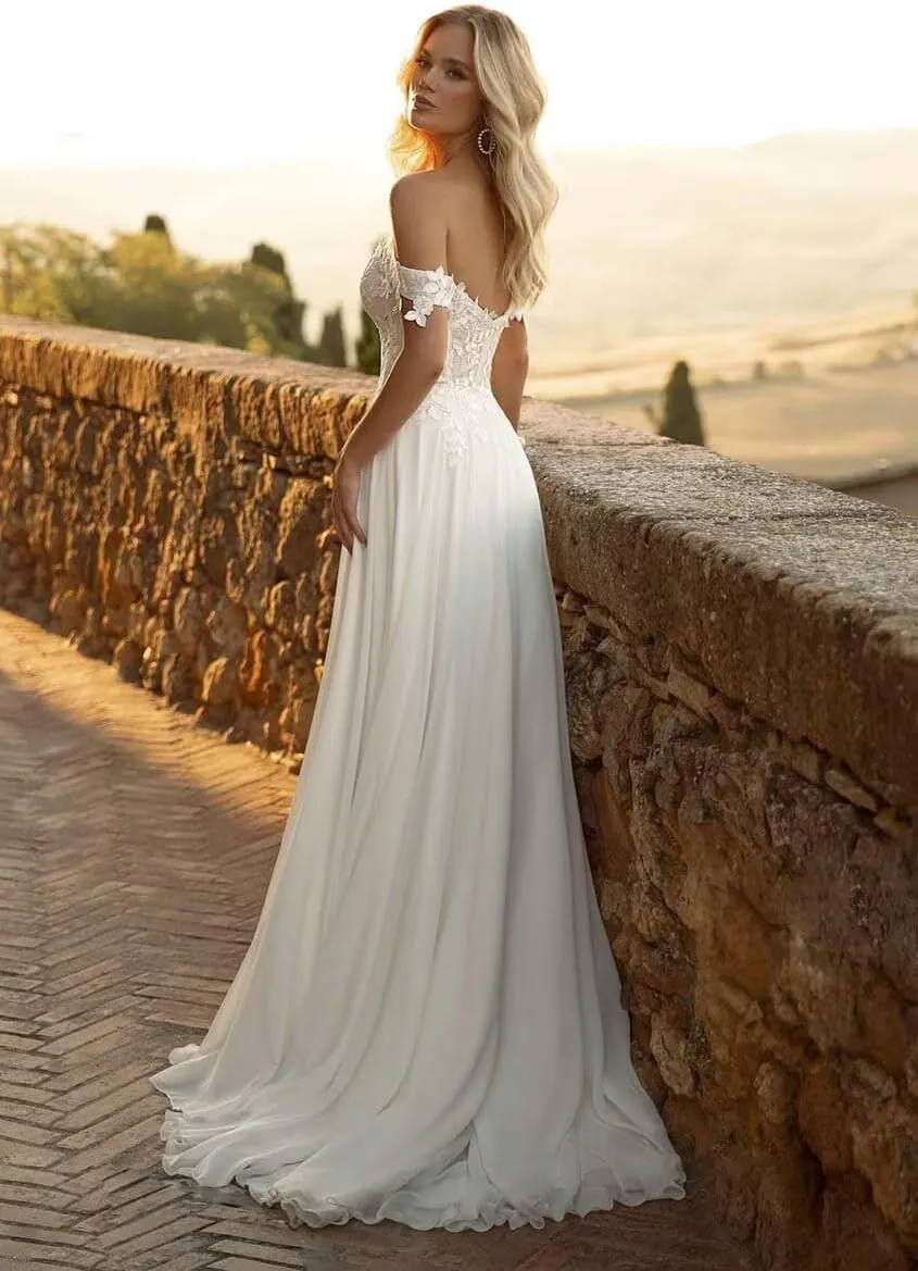 Off Shoulder Chiffon Wedding Dresses for Bride Laces Boho Beach Bridal Gowns with Slit