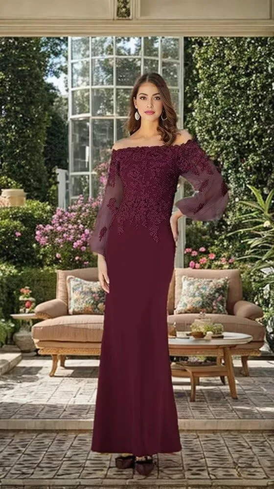 Off Shoulder Mother of The Bride Dress for Wedding Laces Chiffon Evening Gowns with Sleeves