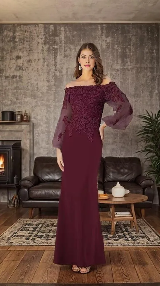 Off Shoulder Mother of The Bride Dress for Wedding Laces Chiffon Evening Gowns with Sleeves