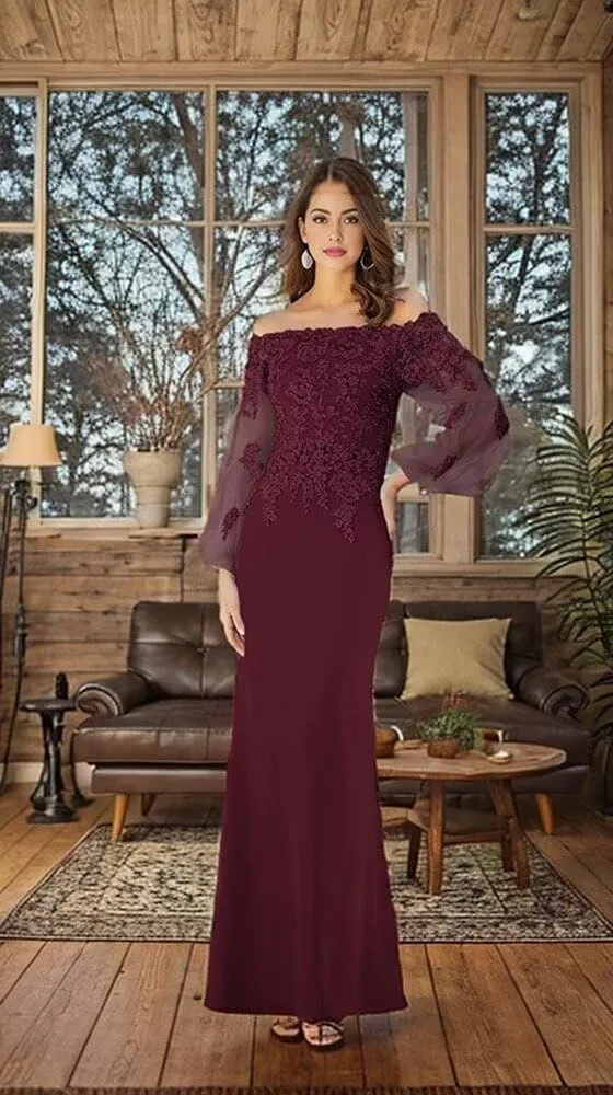 Off Shoulder Mother of The Bride Dress for Wedding Laces Chiffon Evening Gowns with Sleeves
