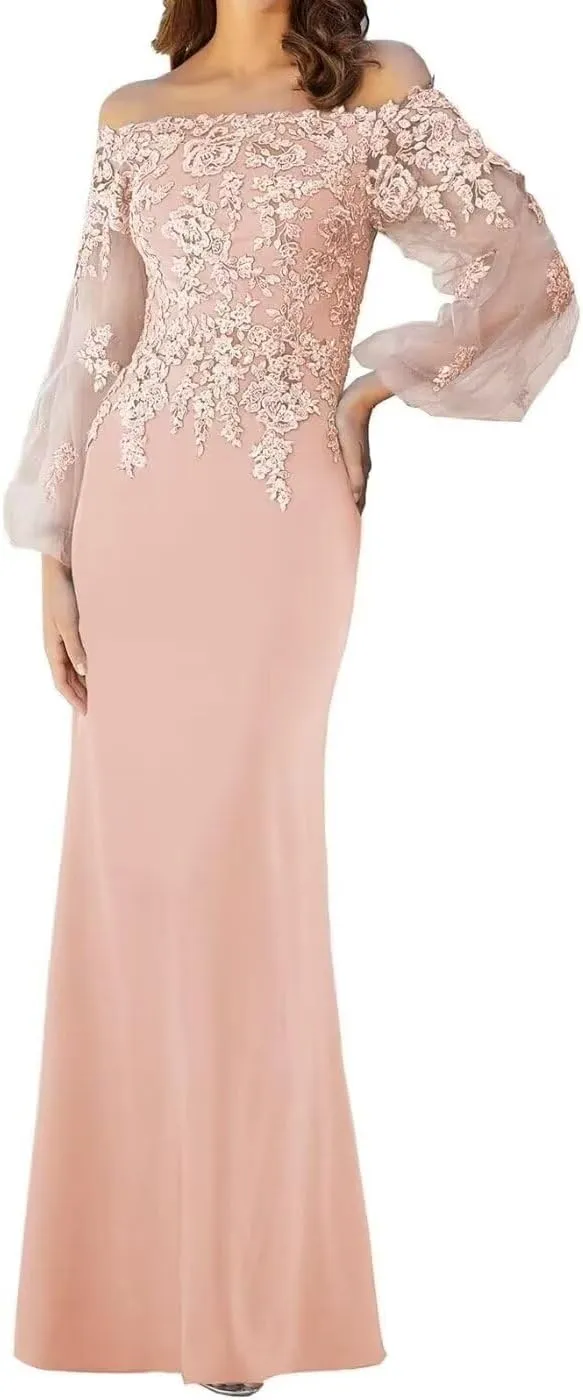 Off Shoulder Mother of The Bride Dress for Wedding Laces Chiffon Evening Gowns with Sleeves