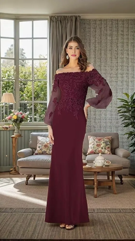 Off Shoulder Mother of The Bride Dress for Wedding Laces Chiffon Evening Gowns with Sleeves