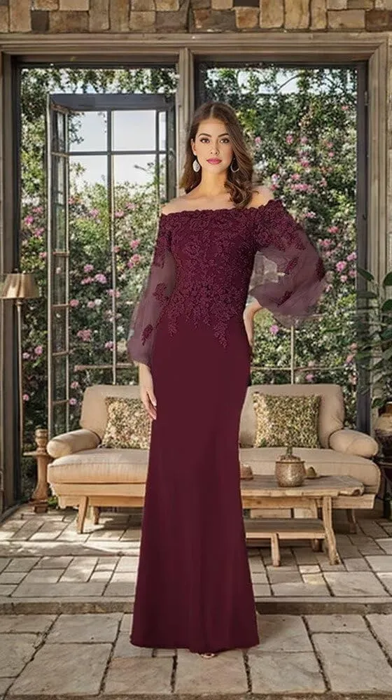 Off Shoulder Mother of The Bride Dress for Wedding Laces Chiffon Evening Gowns with Sleeves