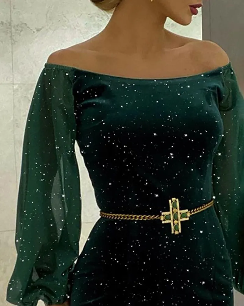 Off Shoulder Velvet Glitter Lantern Sleeve Party Dress