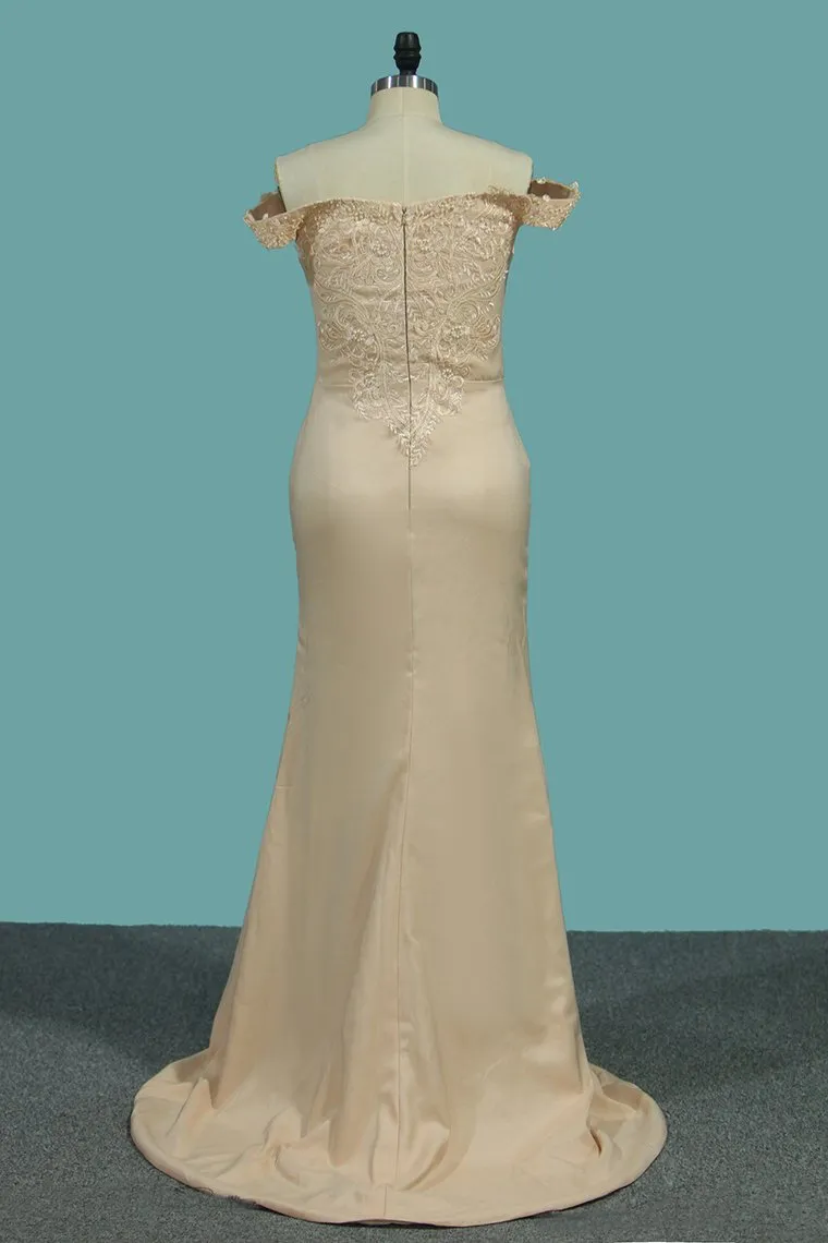 Off The Shoulder Mermaid Prom Dresses Satin With Applique And Beads