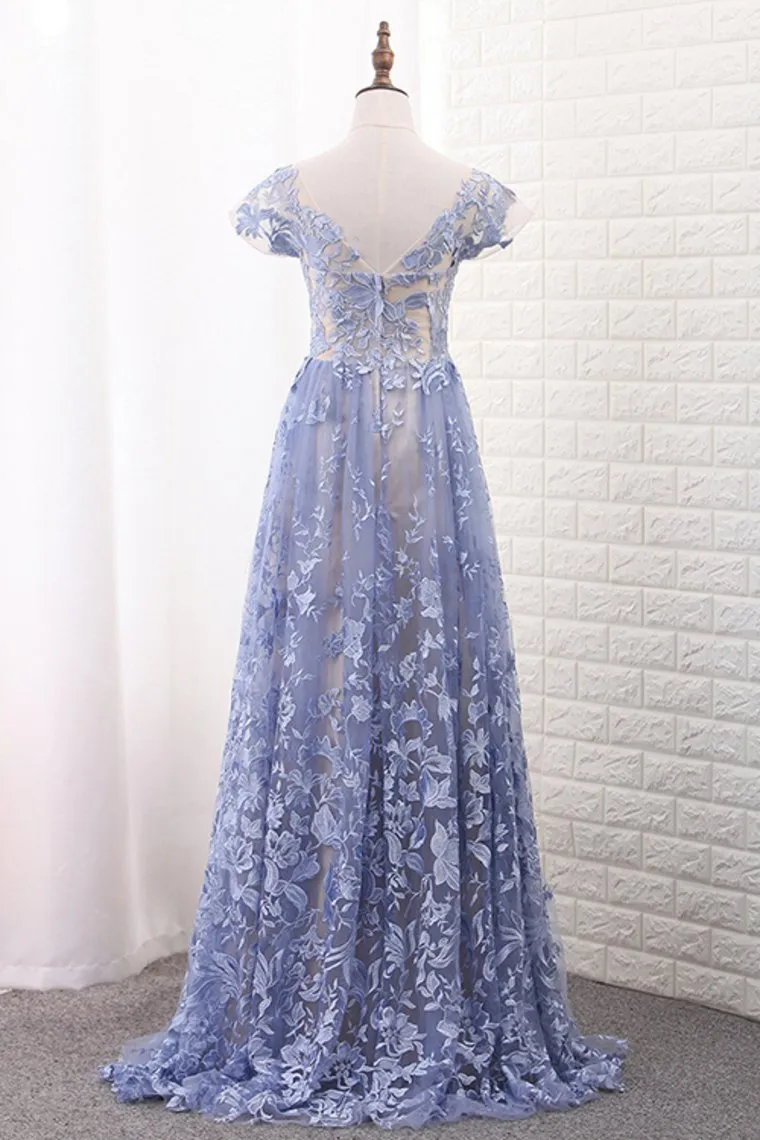 Off The Shoulder Short Sleeves A Line Lace Prom Dresses Sweep Train