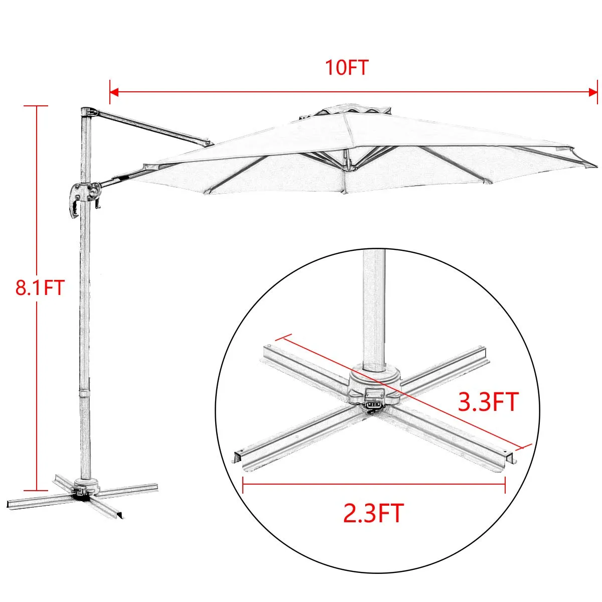 Patio 10 FT Cantilever Offset Umbrella Outdoor Hanging Umbrella 360° Rotation with Cross Base, Beige