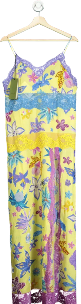 PIC ? Gucci Yellow Floral Lace Trim Maxi Dress UK 8