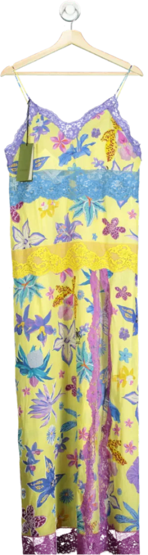 PIC ? Gucci Yellow Floral Lace Trim Maxi Dress UK 8
