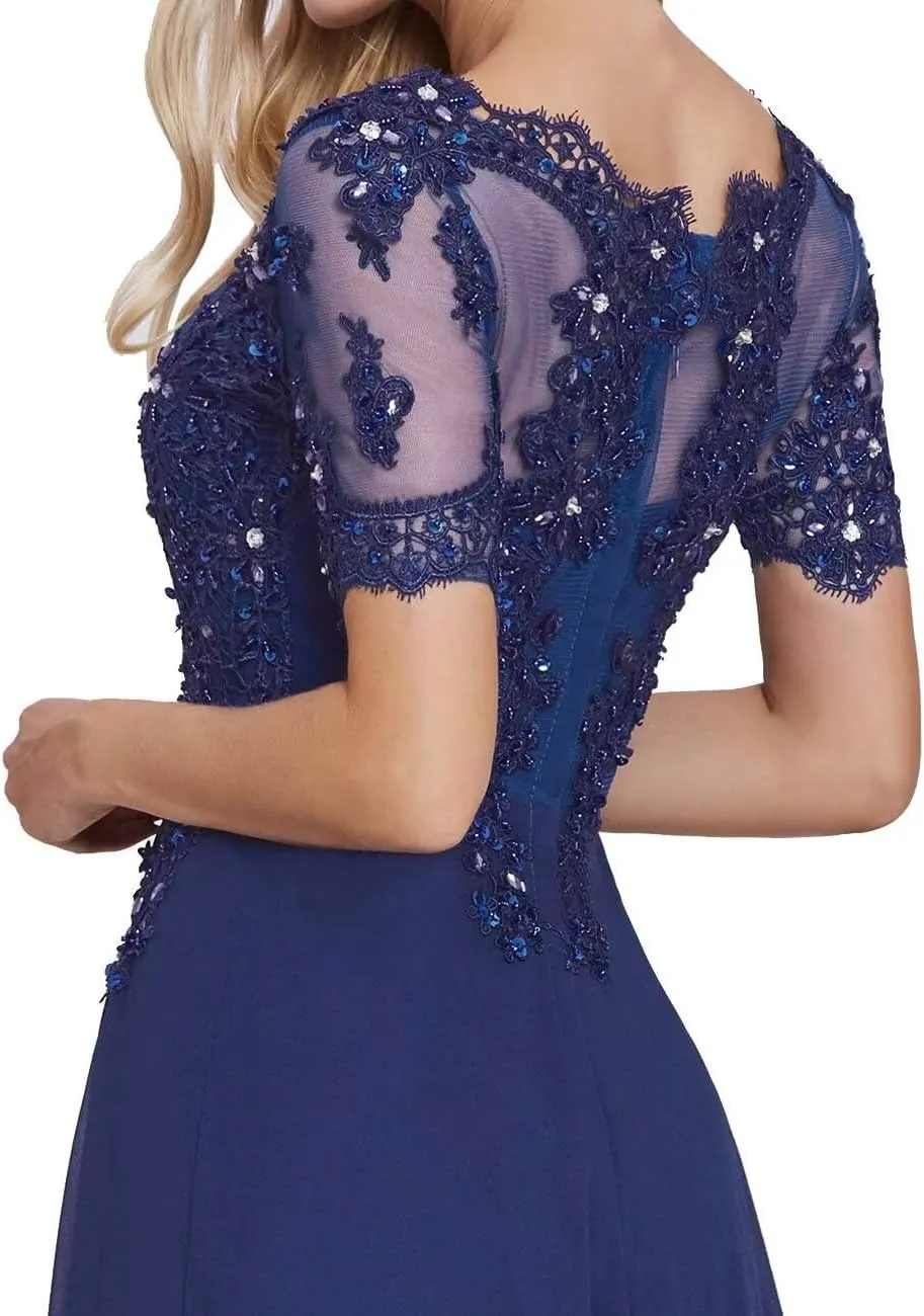 Plus Size Chiffon Mother of The Groom Dresses with Sleeves Floor Length A Line Lace Appliques Formal Evening Gown
