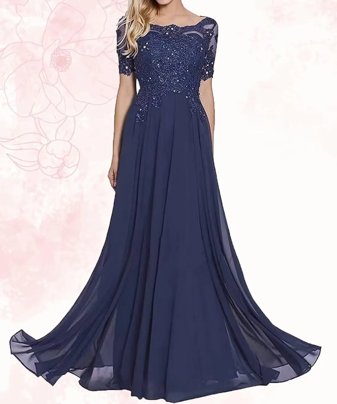 Plus Size Chiffon Mother of The Groom Dresses with Sleeves Floor Length A Line Lace Appliques Formal Evening Gown