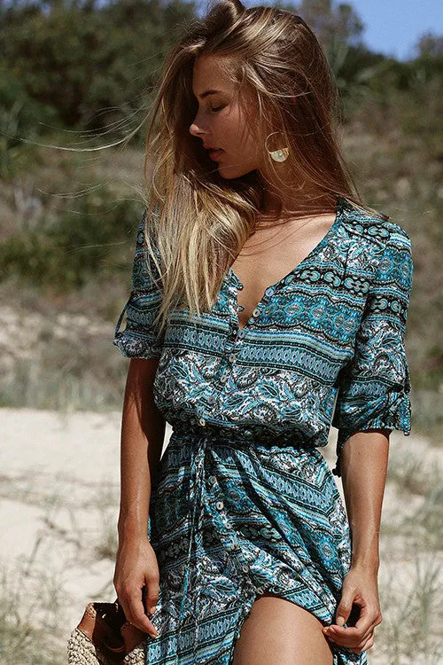 Print 3/4 Sleeves Bohemian Beach Dress