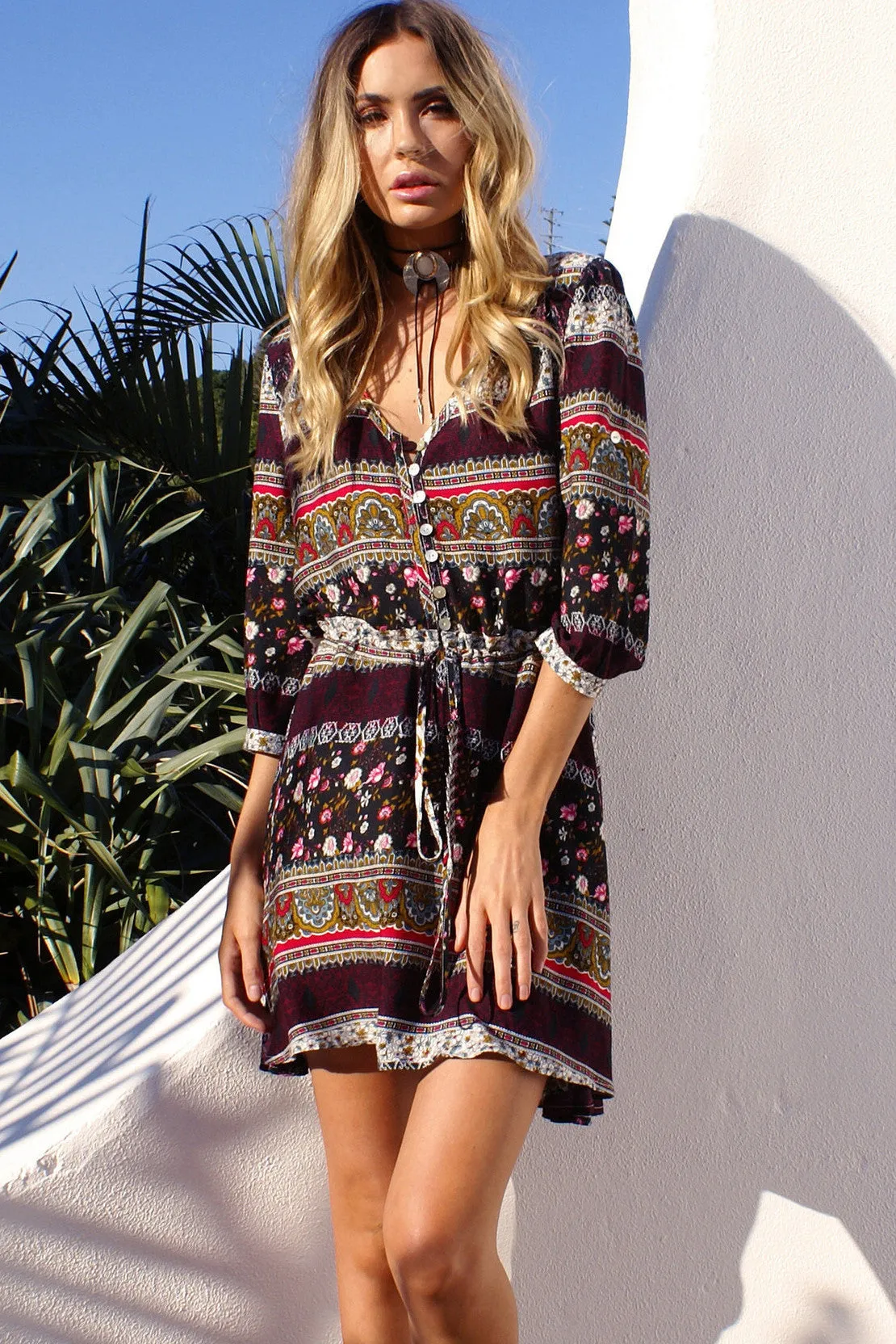 Print 3/4 Sleeves Bohemian Beach Dress