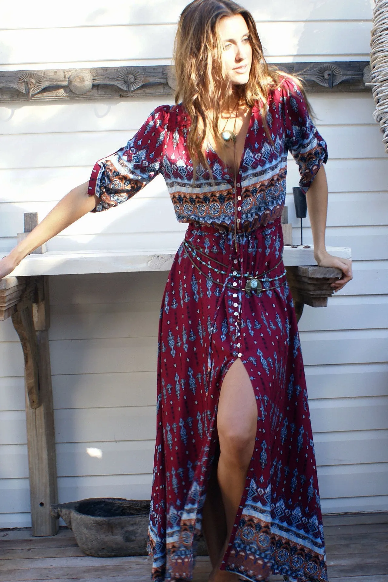 Print 3/4 Sleeves Bohemian Beach Dress