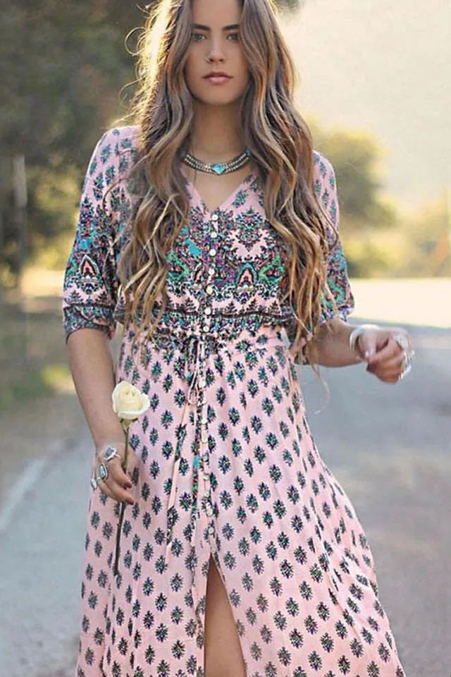 Print 3/4 Sleeves Bohemian Beach Dress